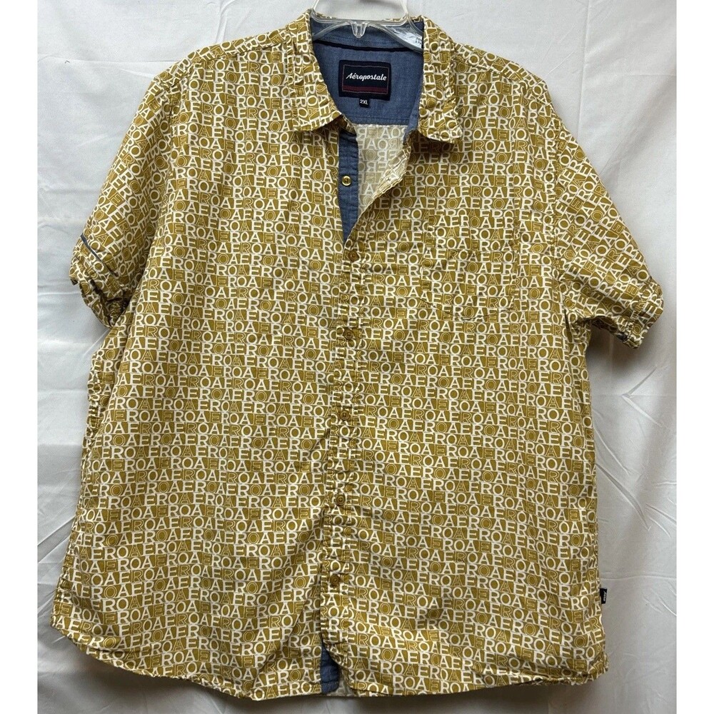 Aeropostale Mens 2XL Shirt Mustard Yellow Aero Logo Print Short Sleeve